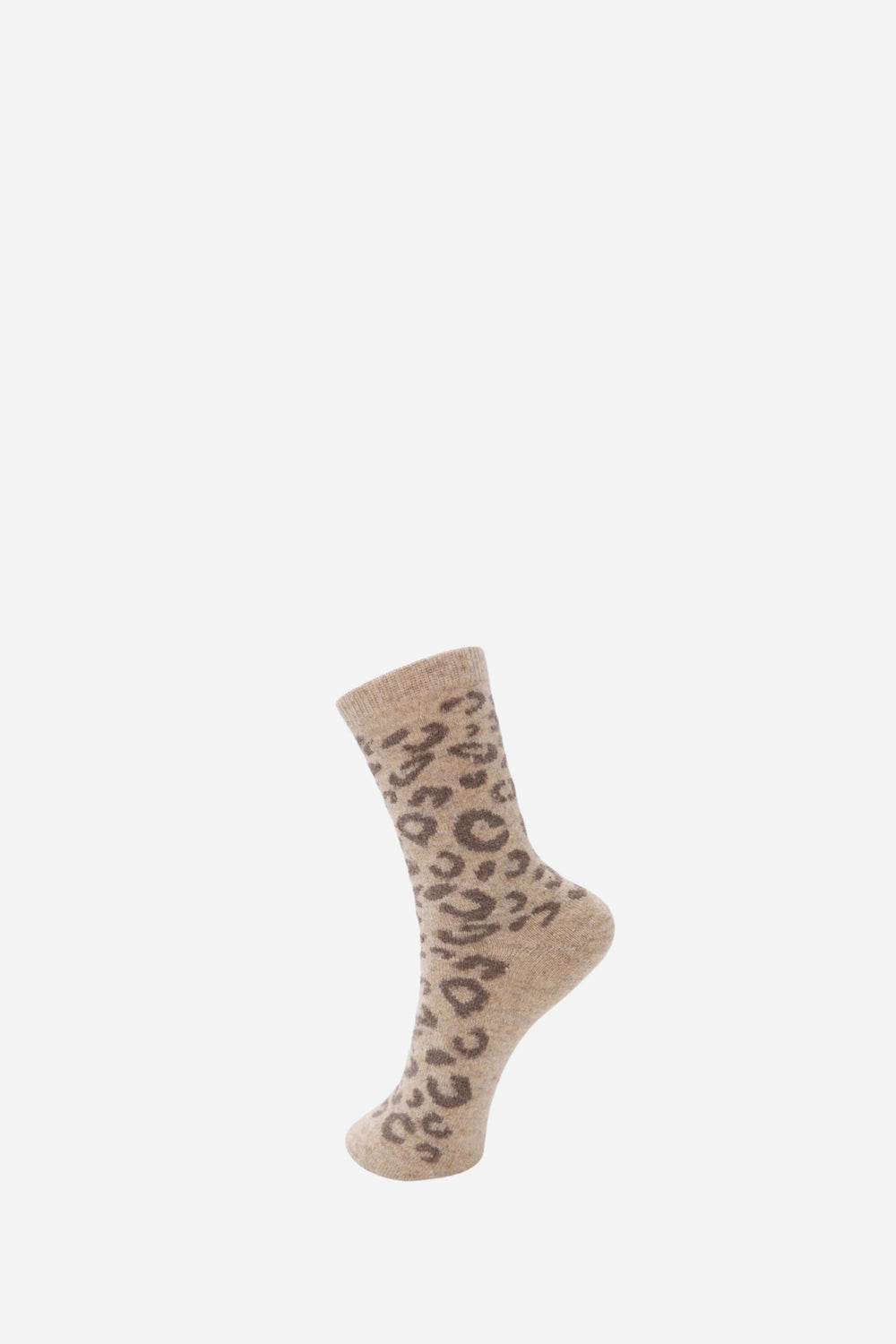Beige sock with leopard print pattern on a white background