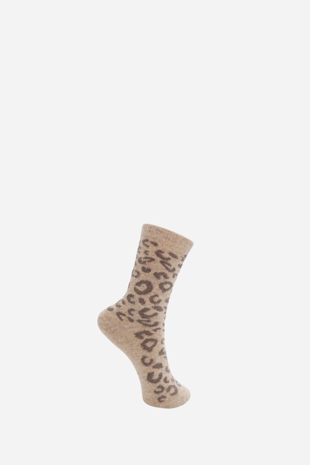 Beige sock with leopard print pattern on a white background