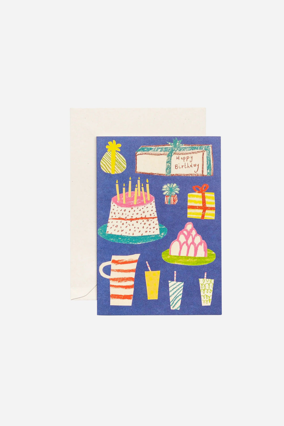 Greeting card with birthday illustrations on a white background