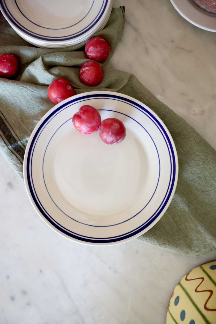 White ceramic plate with blue rim on a green cloth, surrounded by red fruits.