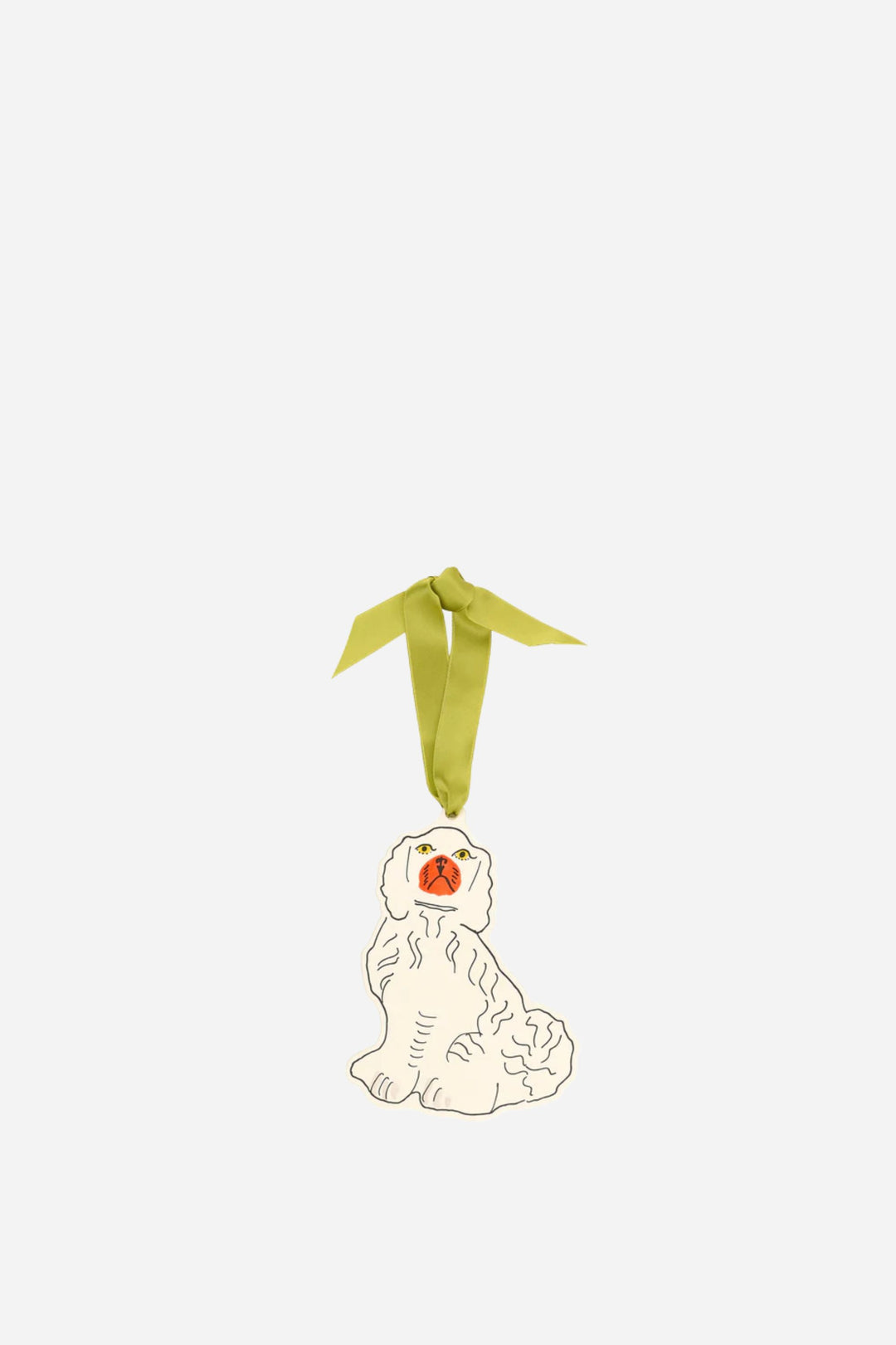 Decorative ornament with a dog design and green ribbon on a white background