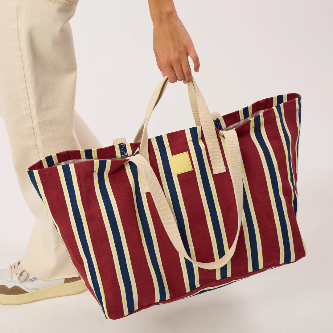 Shopping Bag / Bordeaux, Blue And Yellow Striped