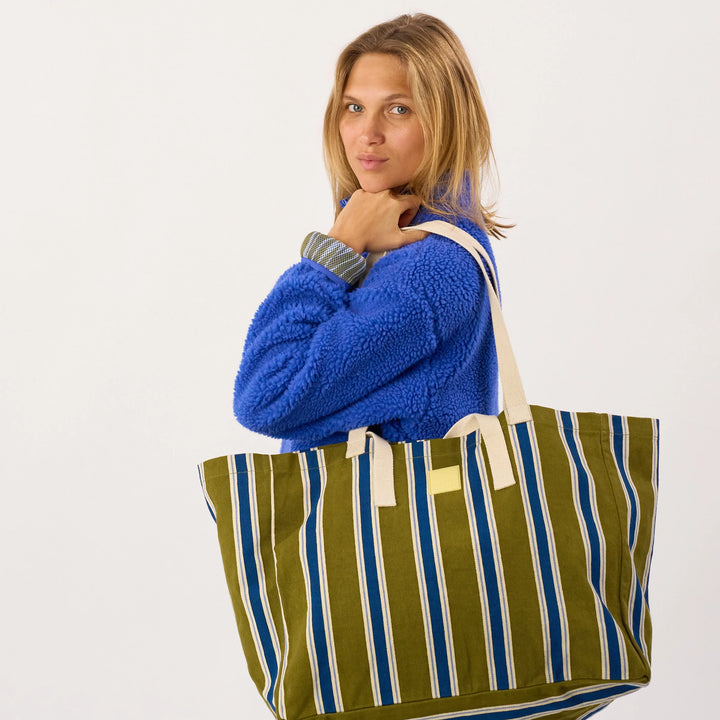 Shopping Bag / Green, Blue Striped