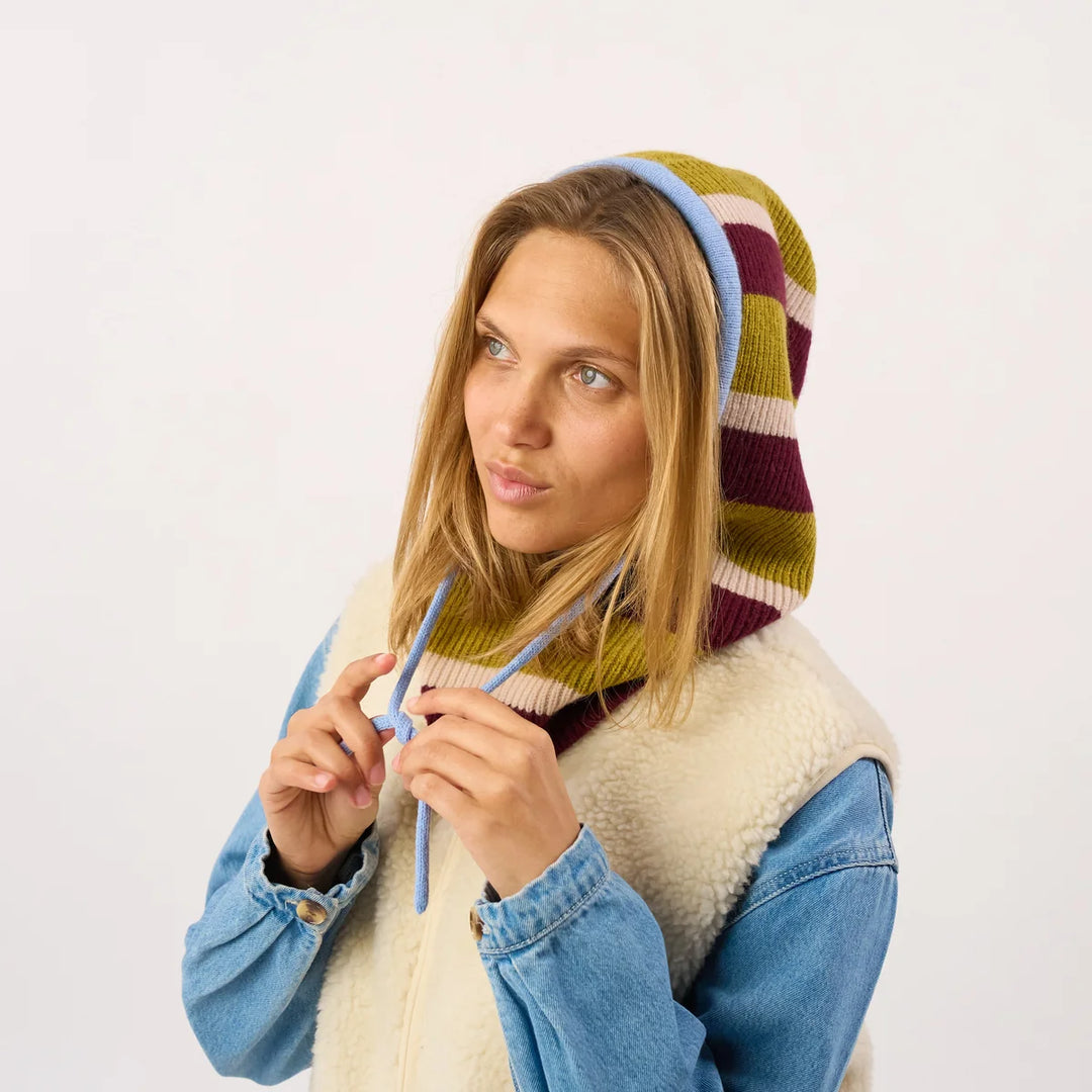 Wool Balaclava / Olive &amp; Red Wine Striped