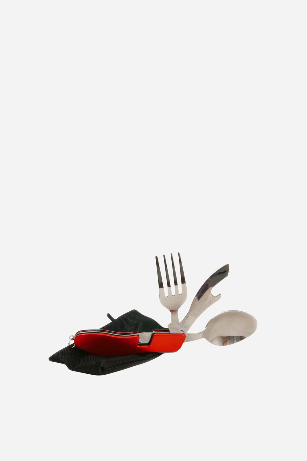 Multitool with fork, knife, and spoon on a white background