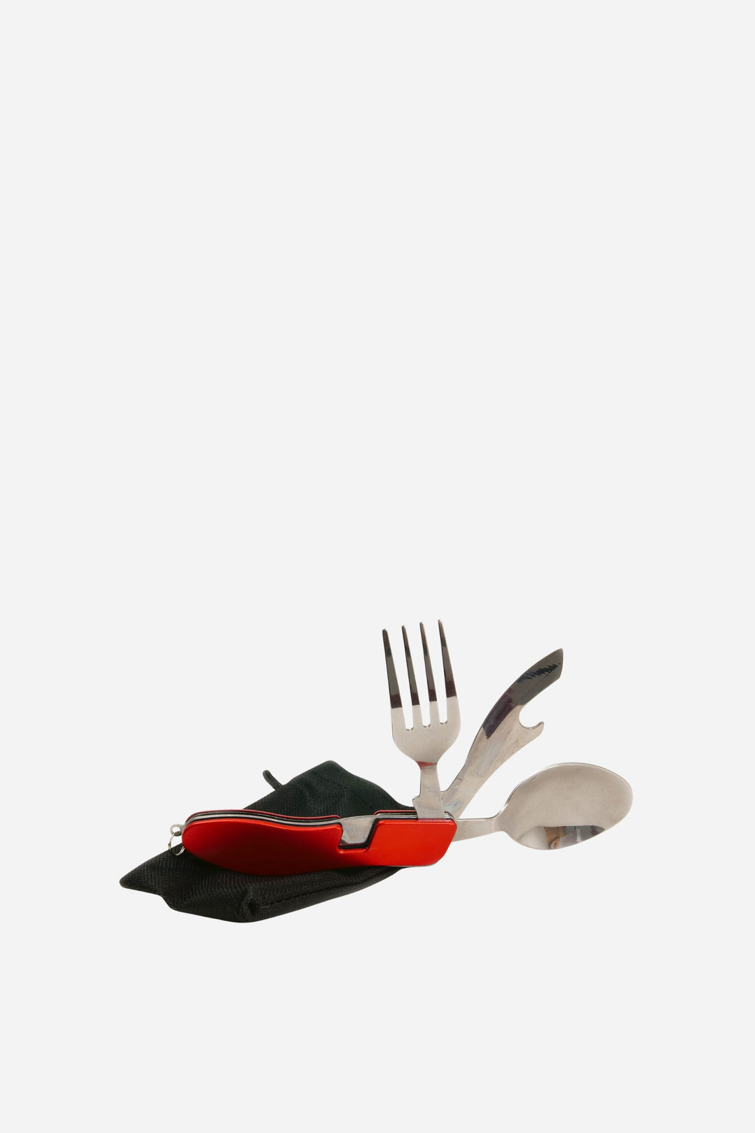 Multitool with fork, knife, and spoon on a white background