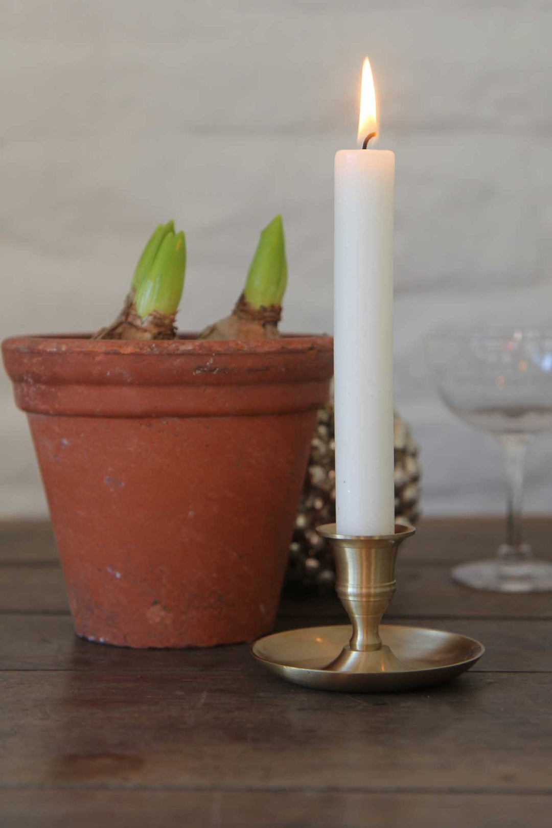Candle in a brass holder next to a potted plant on a wooden surface.
