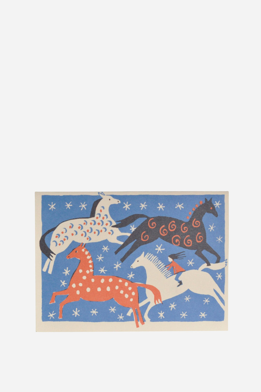 Card with colorful illustrations of horses on a blue background