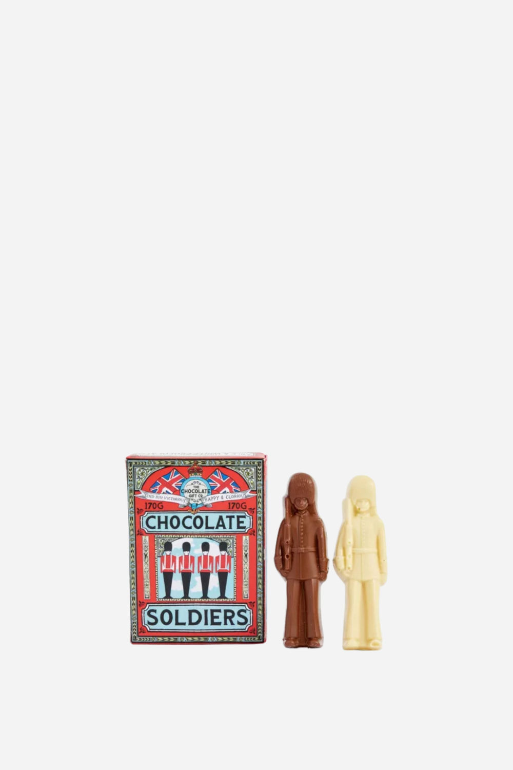 Two toy soldiers next to a vintage-style chocolate soldiers packaging on a white background