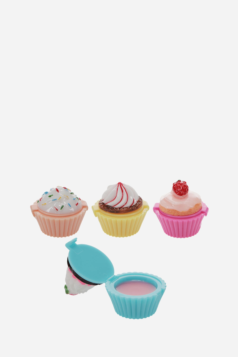 Set of four cupcake-shaped containers with a blue lid on a white background