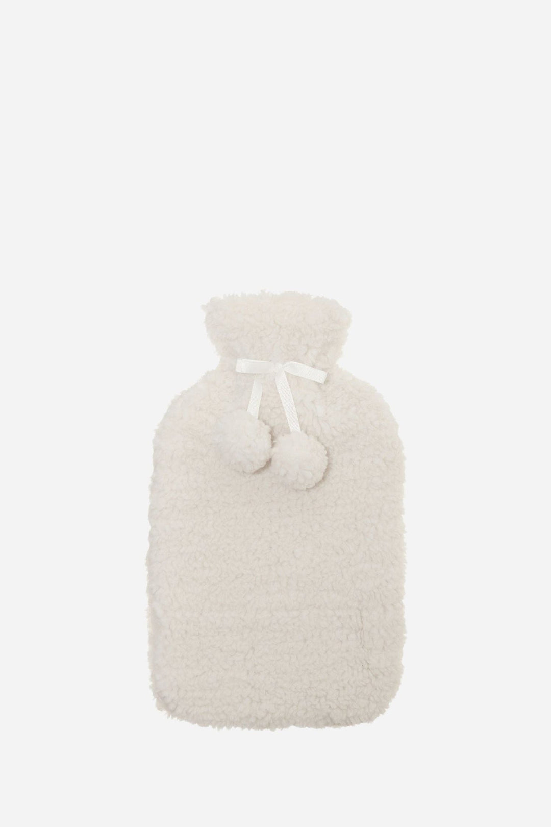 White hot water bottle with a soft textured cover on a white background