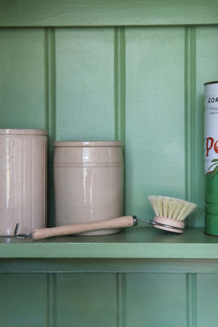 Two ceramic jars, a scrub brush, and a can on a green shelf against a green pantry wall.