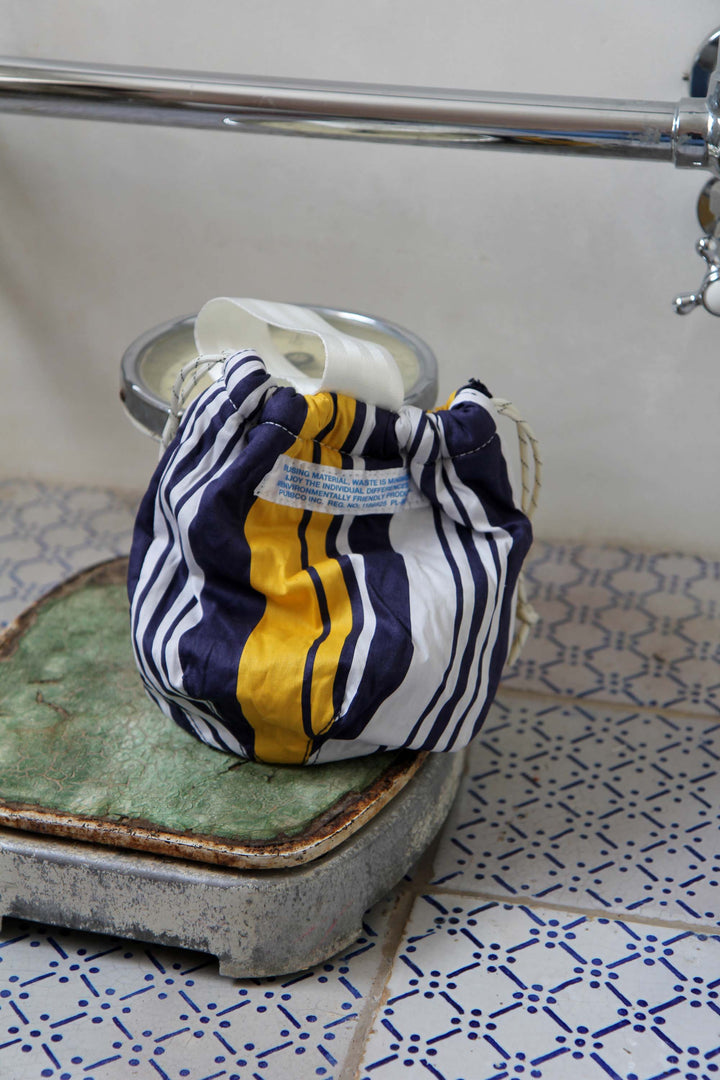 Drawstring Bag Shirt Fabric / Navy Blue & Yellow
