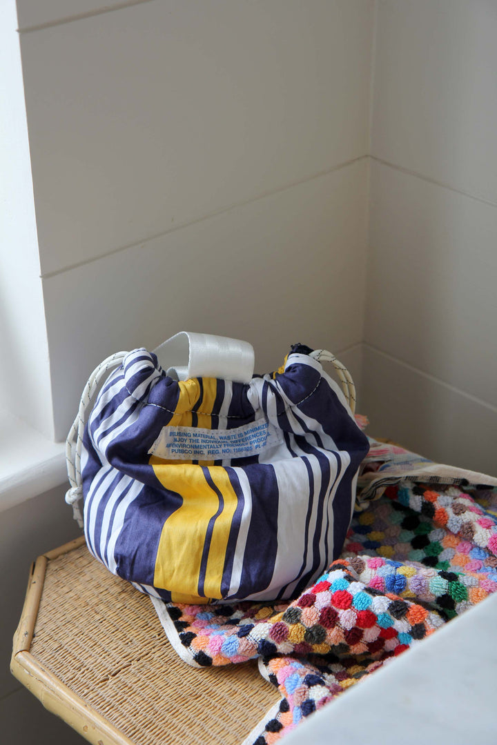 Drawstring Bag Shirt Fabric / Navy Blue & Yellow