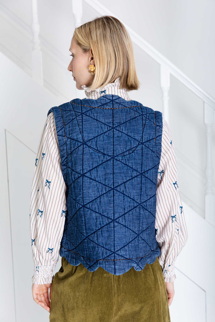 Person wearing a blue quilted vest over a patterned shirt with a white background
