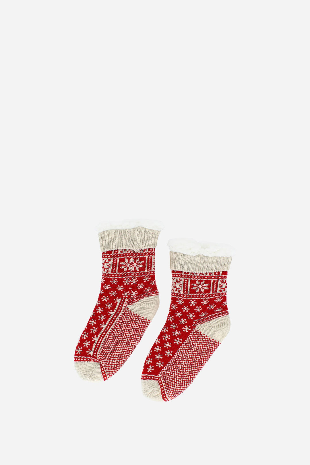 Pair of red and white patterned socks on a white background