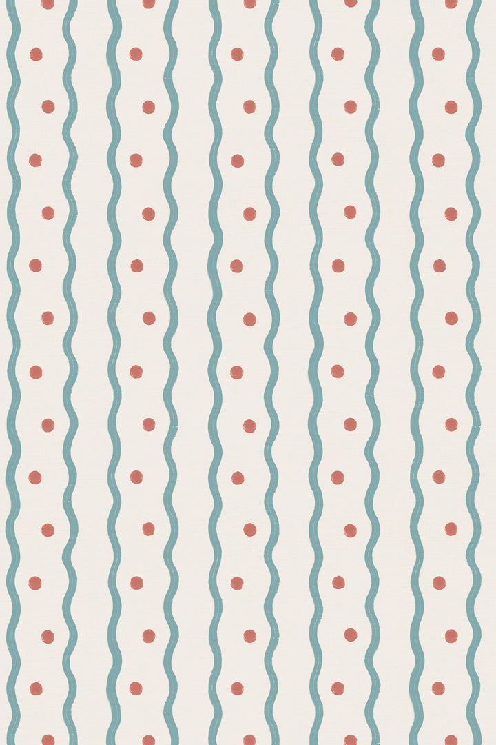 honefleur wavy stripe cornflower blue and red spot wallpaper by domestic science home