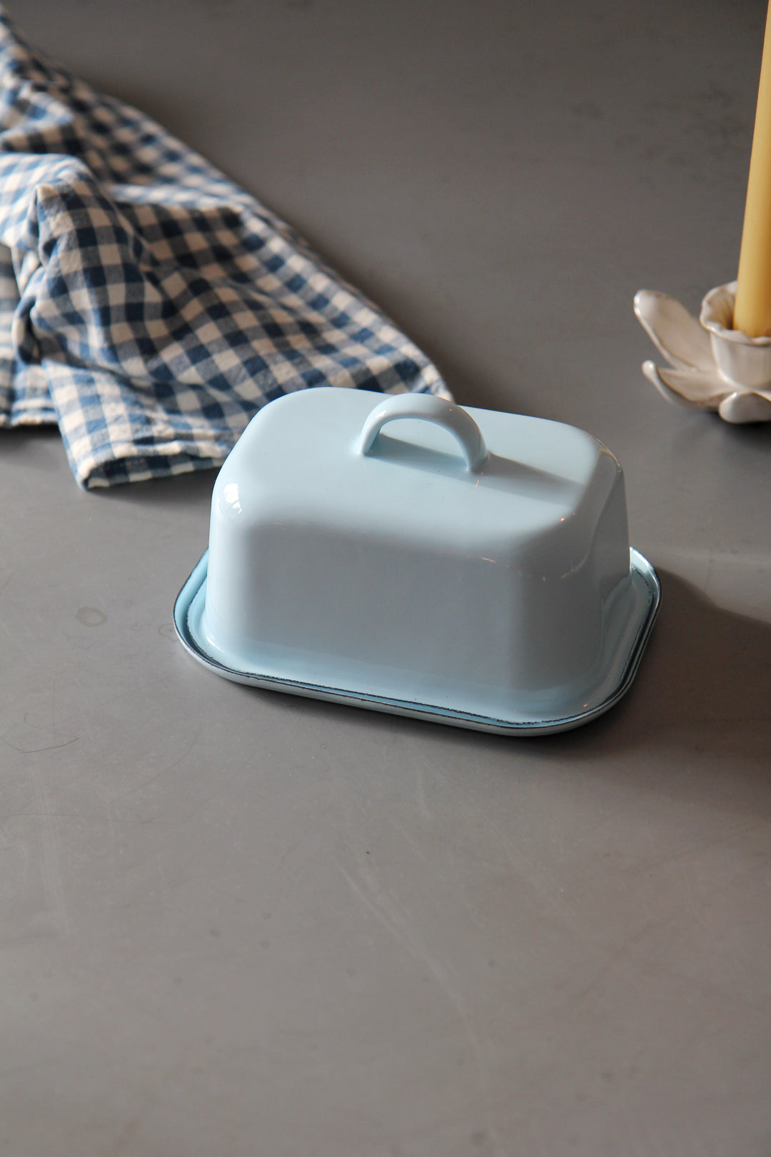 sky blue butter box with gingham t-towel