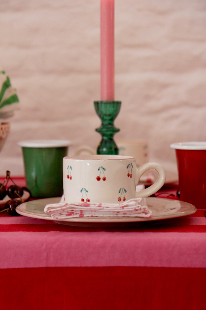 Hand painted cherry mug on pink red tablescape - Cherry coded homewares