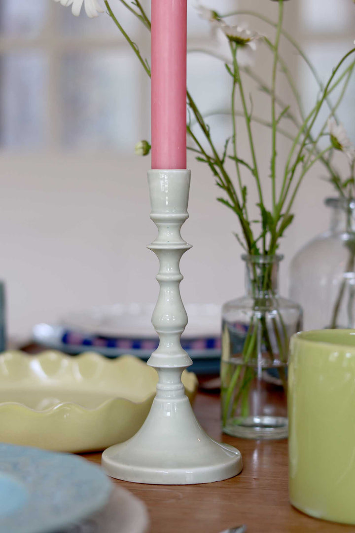 Enamel Candlestick 19cm / Light Sage