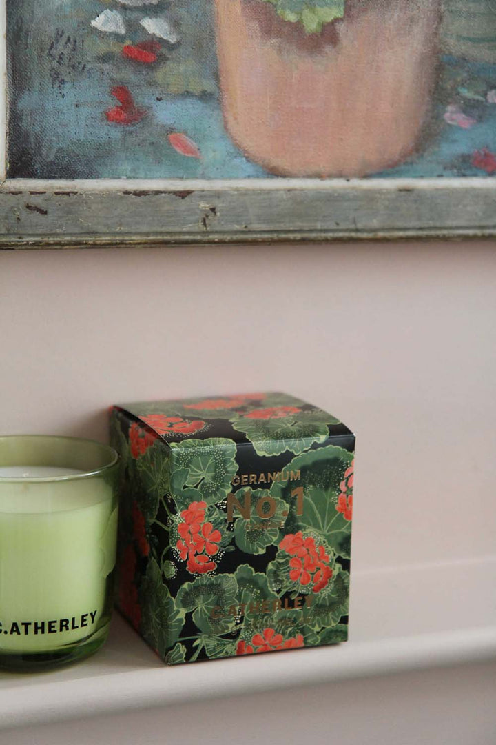 c.atherley limited edition geranium boxed candle on shelf