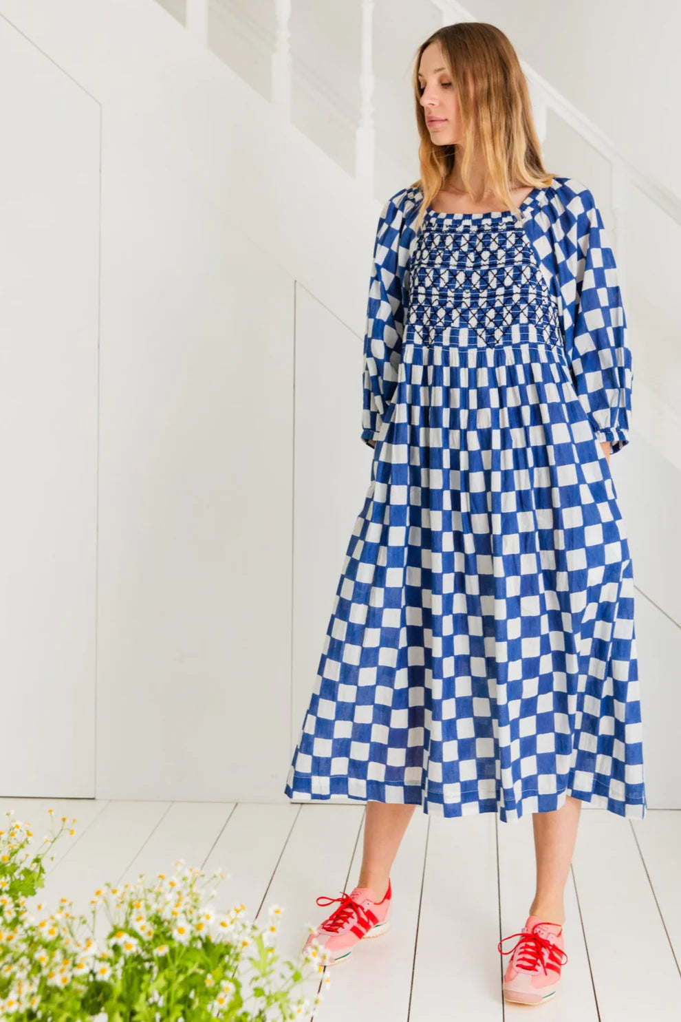 bonte london luna dress in blue and white check