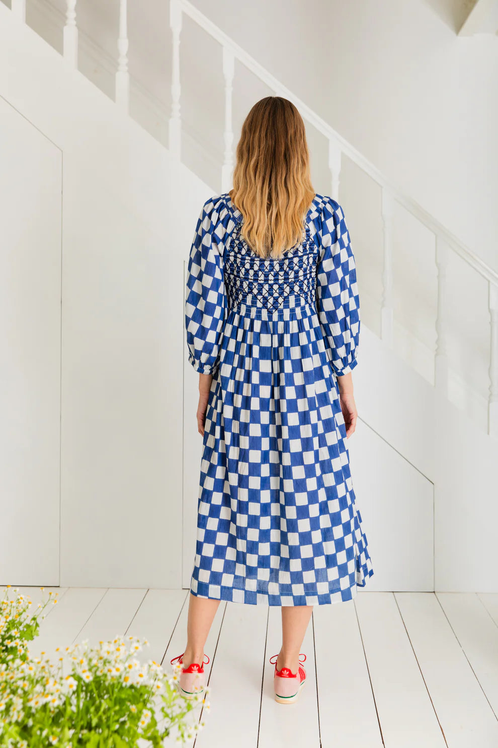 bonte london luna dress in blue and white check back