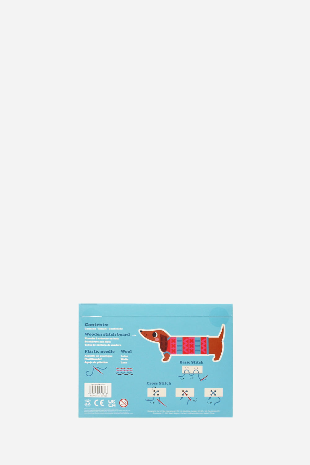 Product packaging with a dachshund illustration on a light blue background