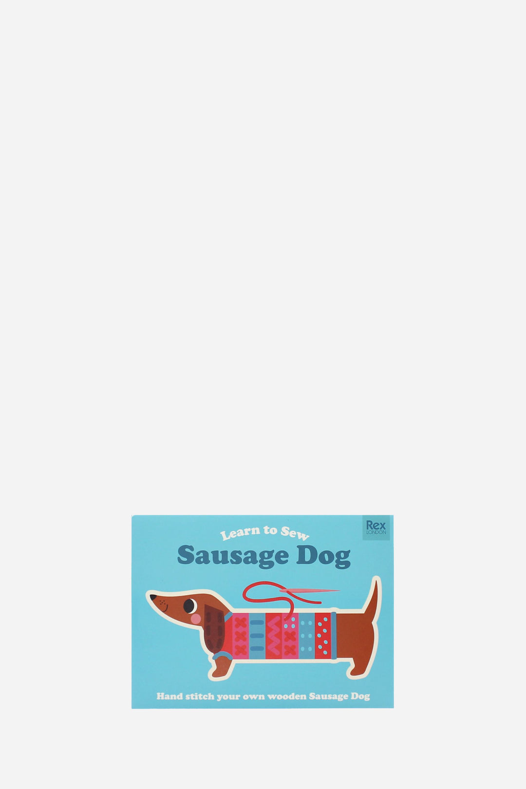 Card with a sausage dog illustration and text on a light blue background