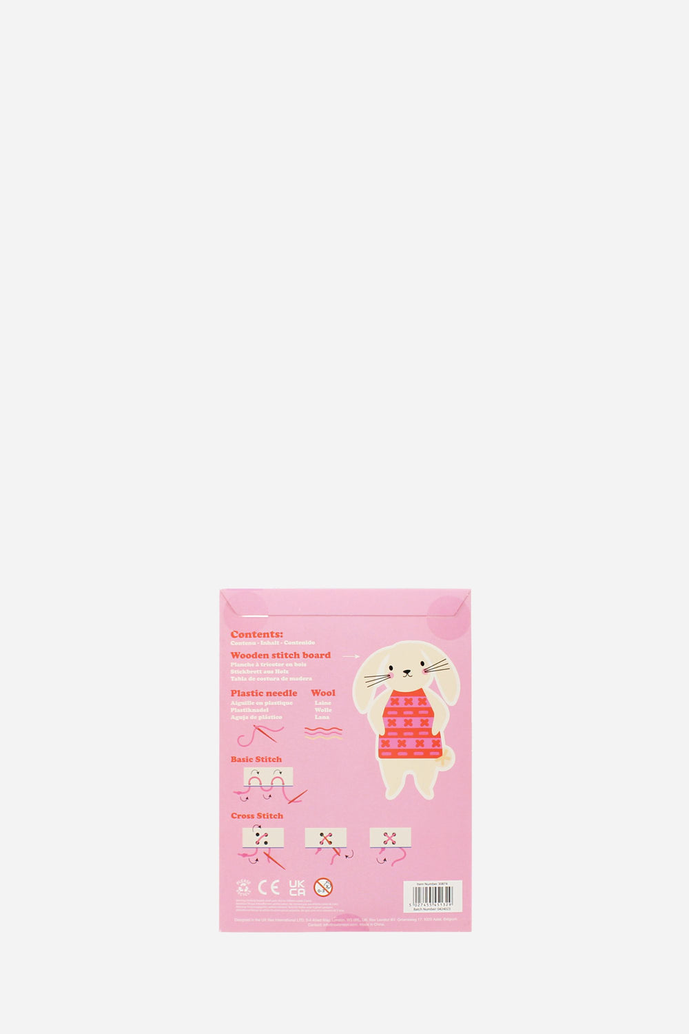 Pink packaging with a cartoon character on a white background