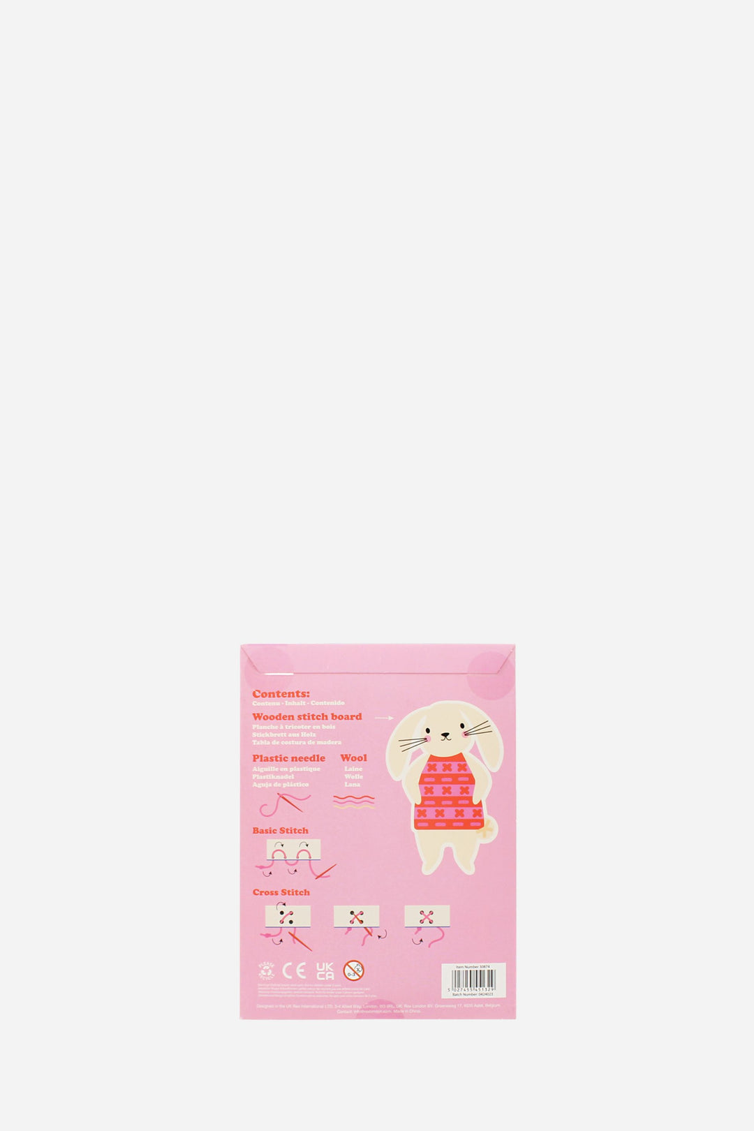 Pink packaging with a cartoon character on a white background