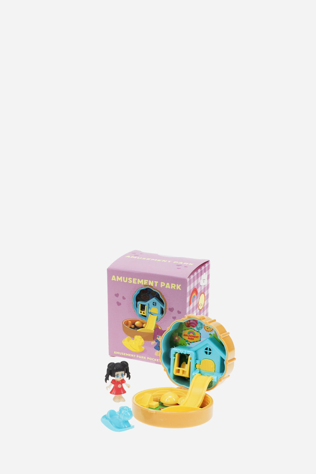 Toy set with a small building and character on a white background