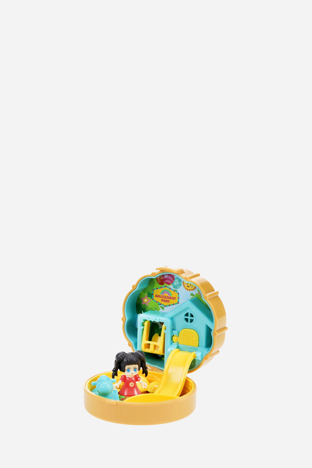 Toy house with a character inside on a white background