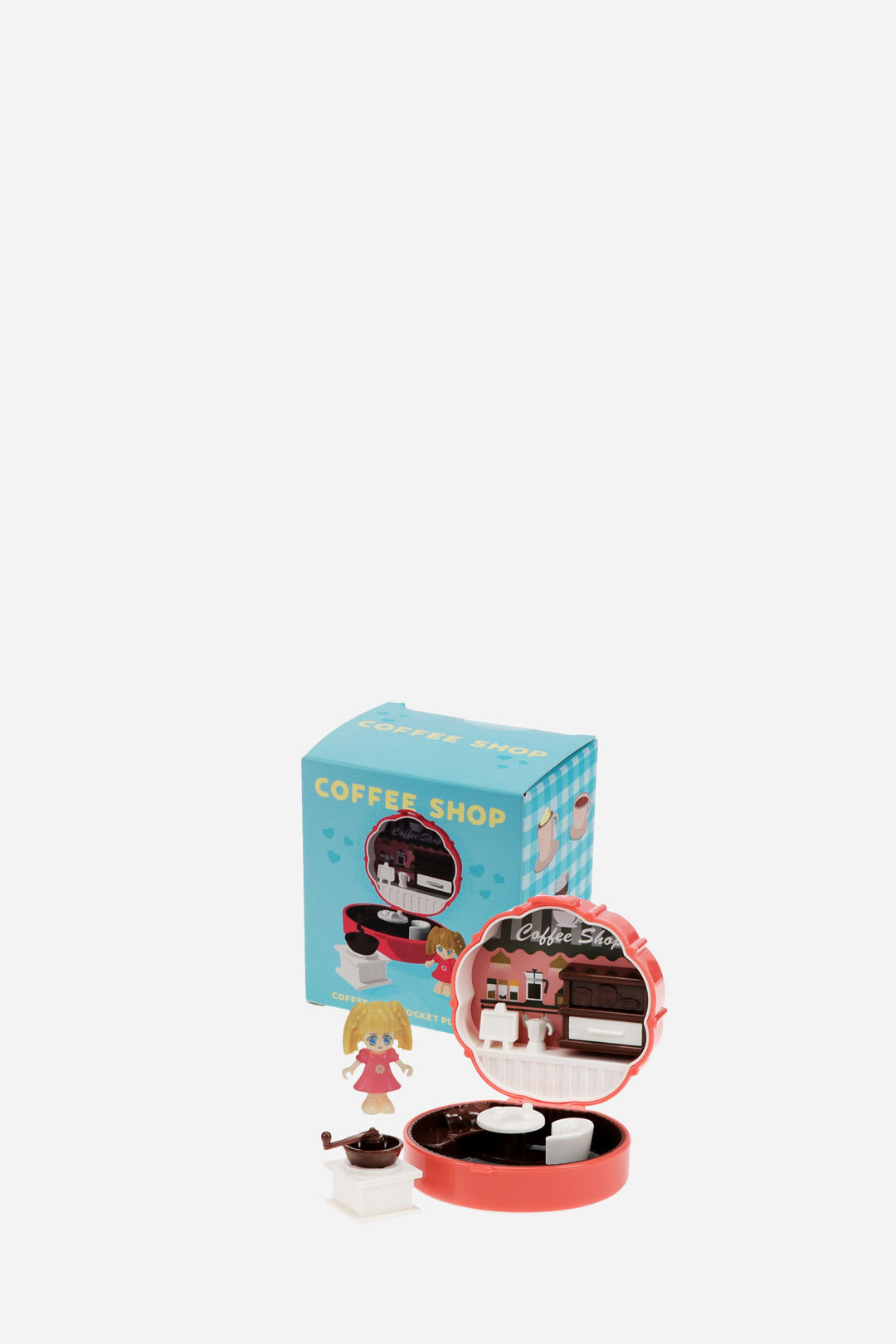 Playset with a coffee shop theme, including a box and figures on a white background