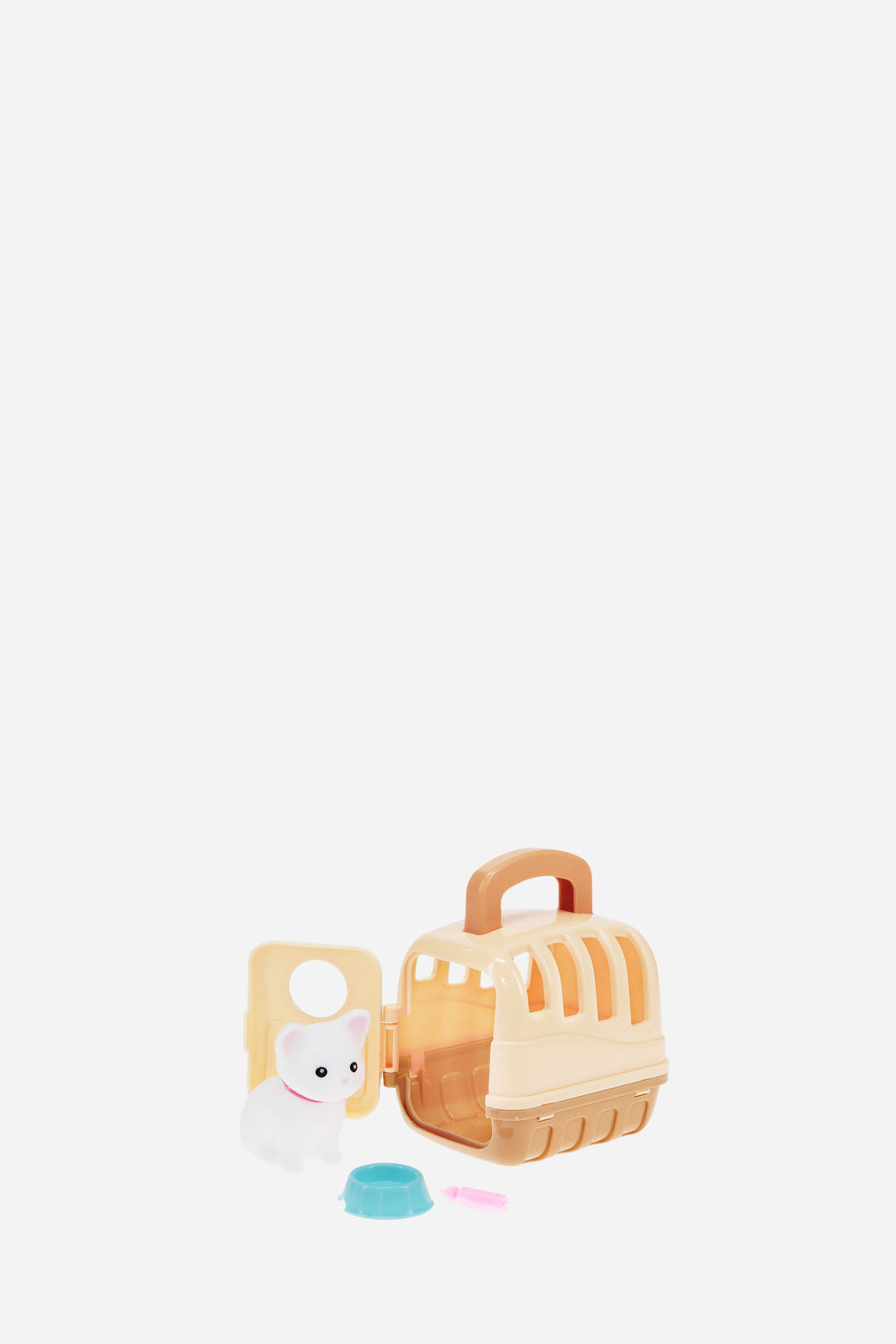 Toy pet carrier with a small toy cat inside on a white background