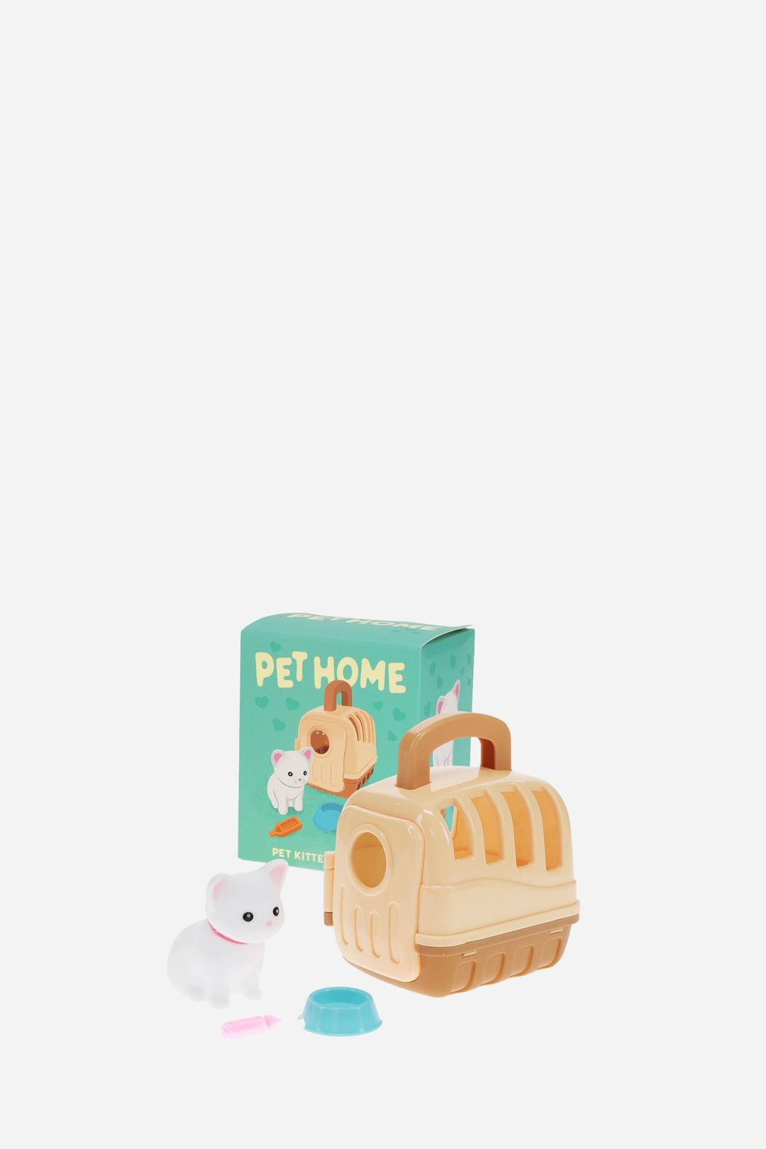 Pet carrier with a cat figure and packaging on a white background