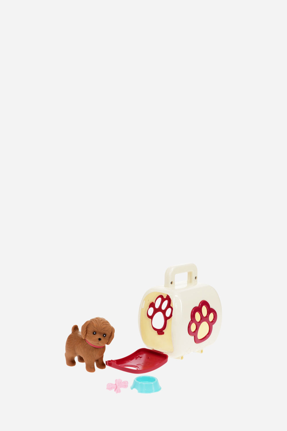 Small brown dog toy with a white and red pet carrier on a white background
