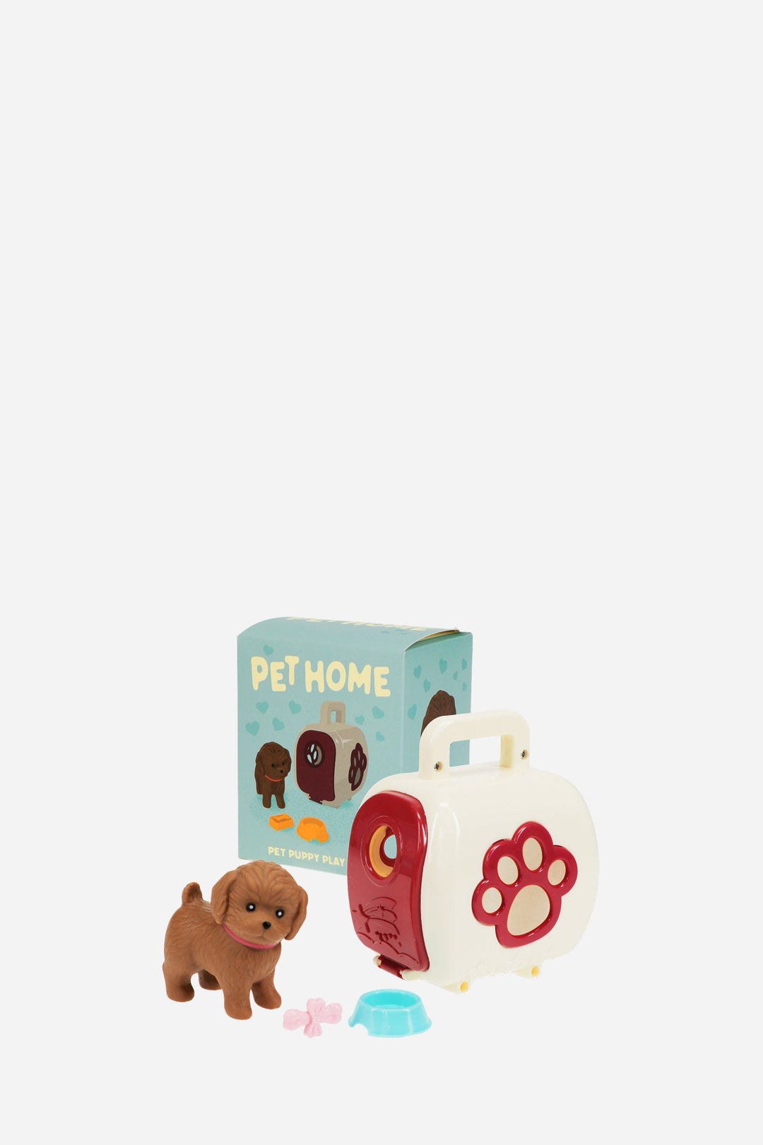Small dog figurine, red and white pet carrier with paw design, and 'Pet Home' box on a light blue background