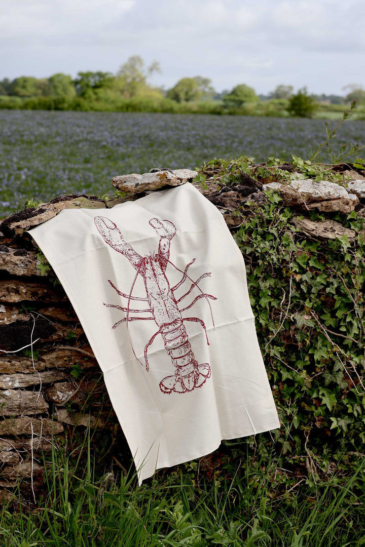 Tea towel with lobster design hanging on a stone wall outdoors