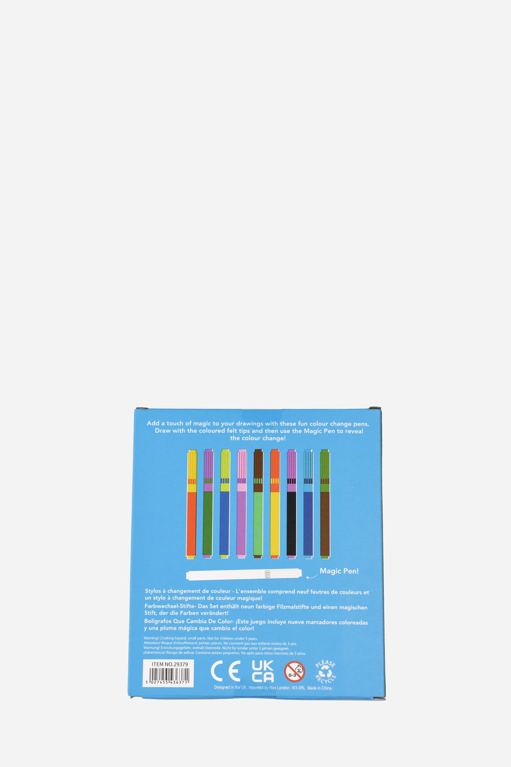 Product packaging with colorful bars on a light gray background