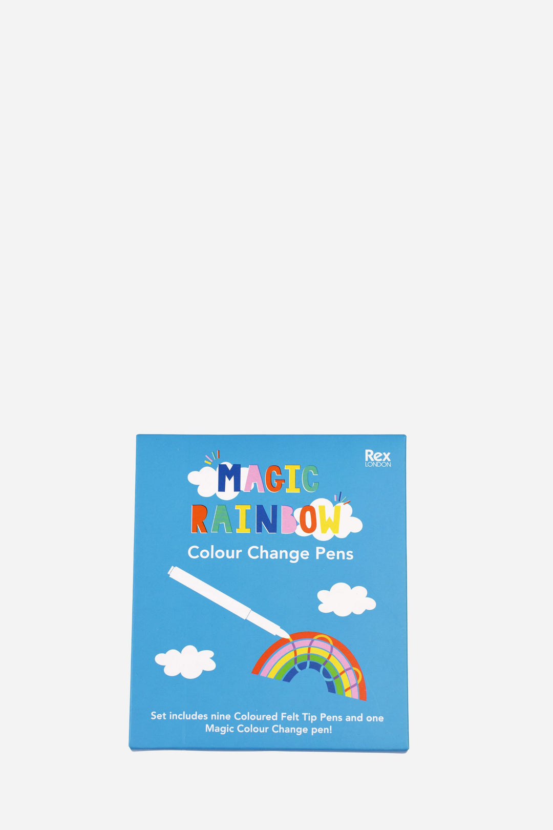 Packaging of Magic Rainbow Colour Change Pens on a white background