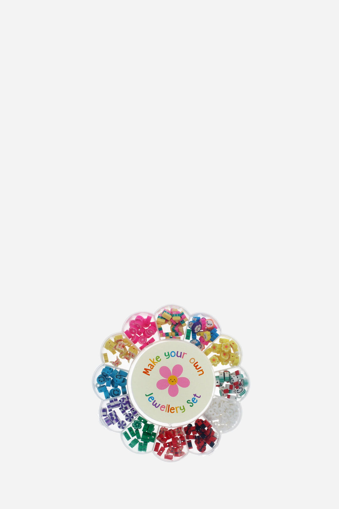 Colorful jewelry set with a central circular design on a white background