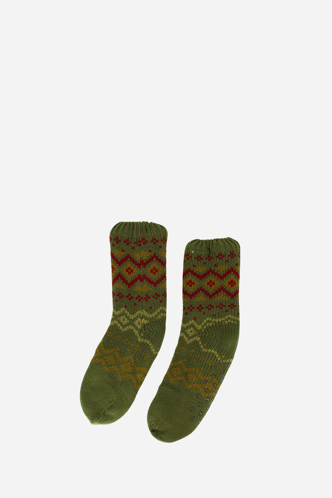 Pair of green socks with pattern on a white background