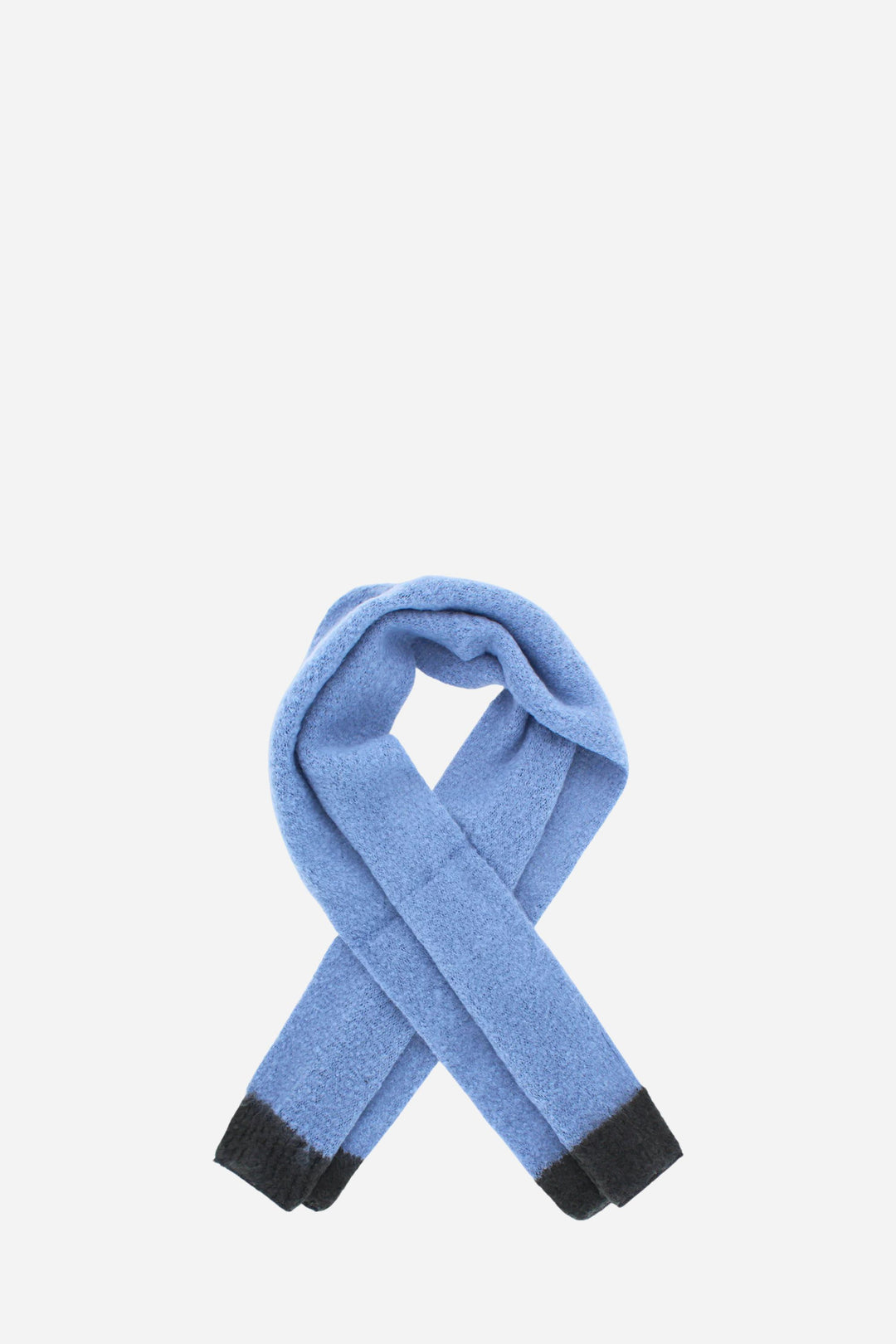 Blue scarf with black tips on a white background