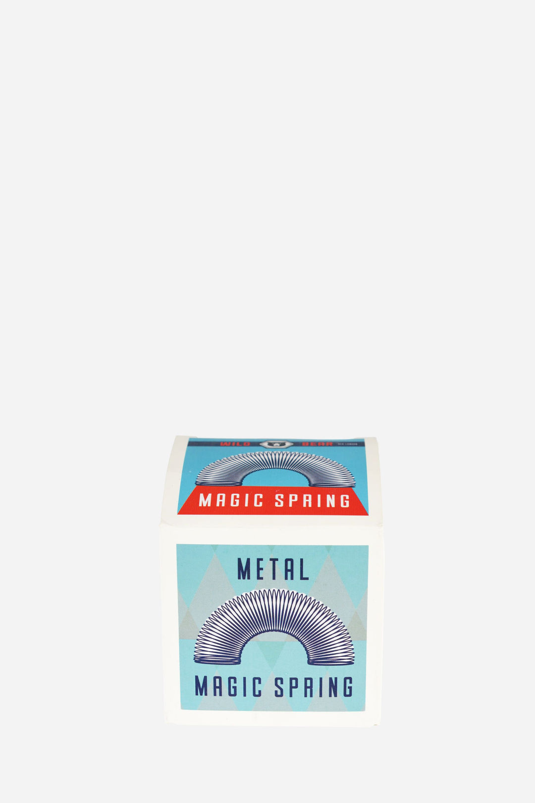 Metallic spring toy in a box with 'Magic Spring' branding on a white background