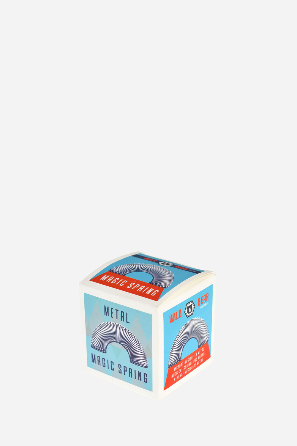 Box of a metal magic spring on a white background