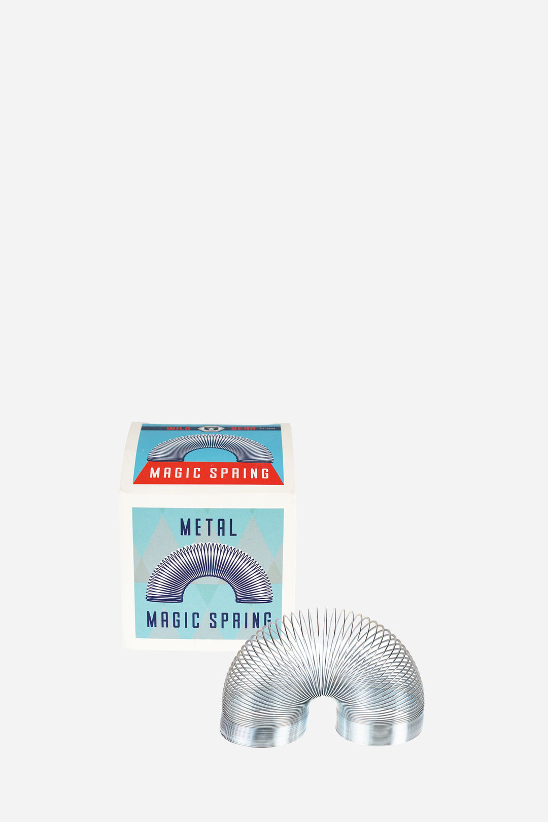 Metallic spring toy with packaging labeled 'Magic Spring' on a white background
