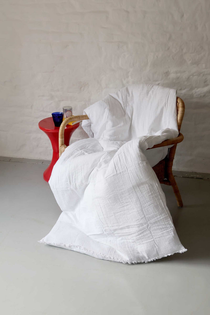 White textured blanket draped over a wooden chair against a white wall.