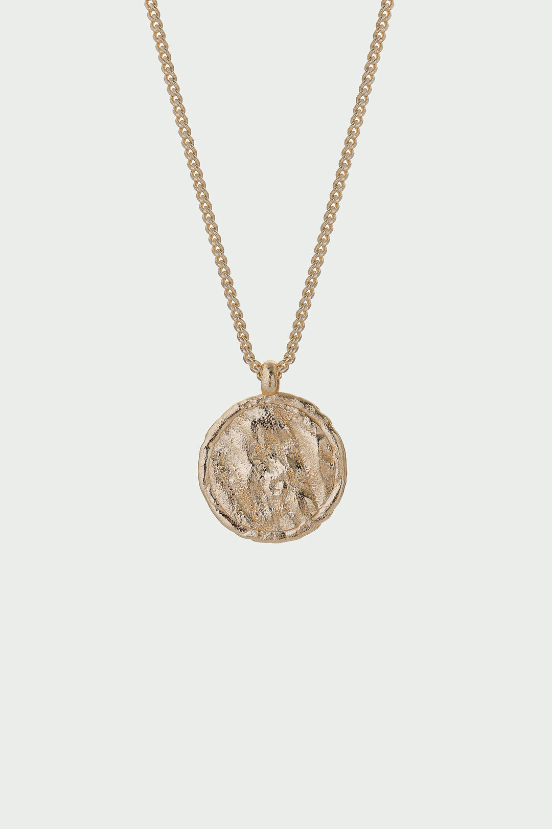 Gold necklace with a round pendant on a light gray background