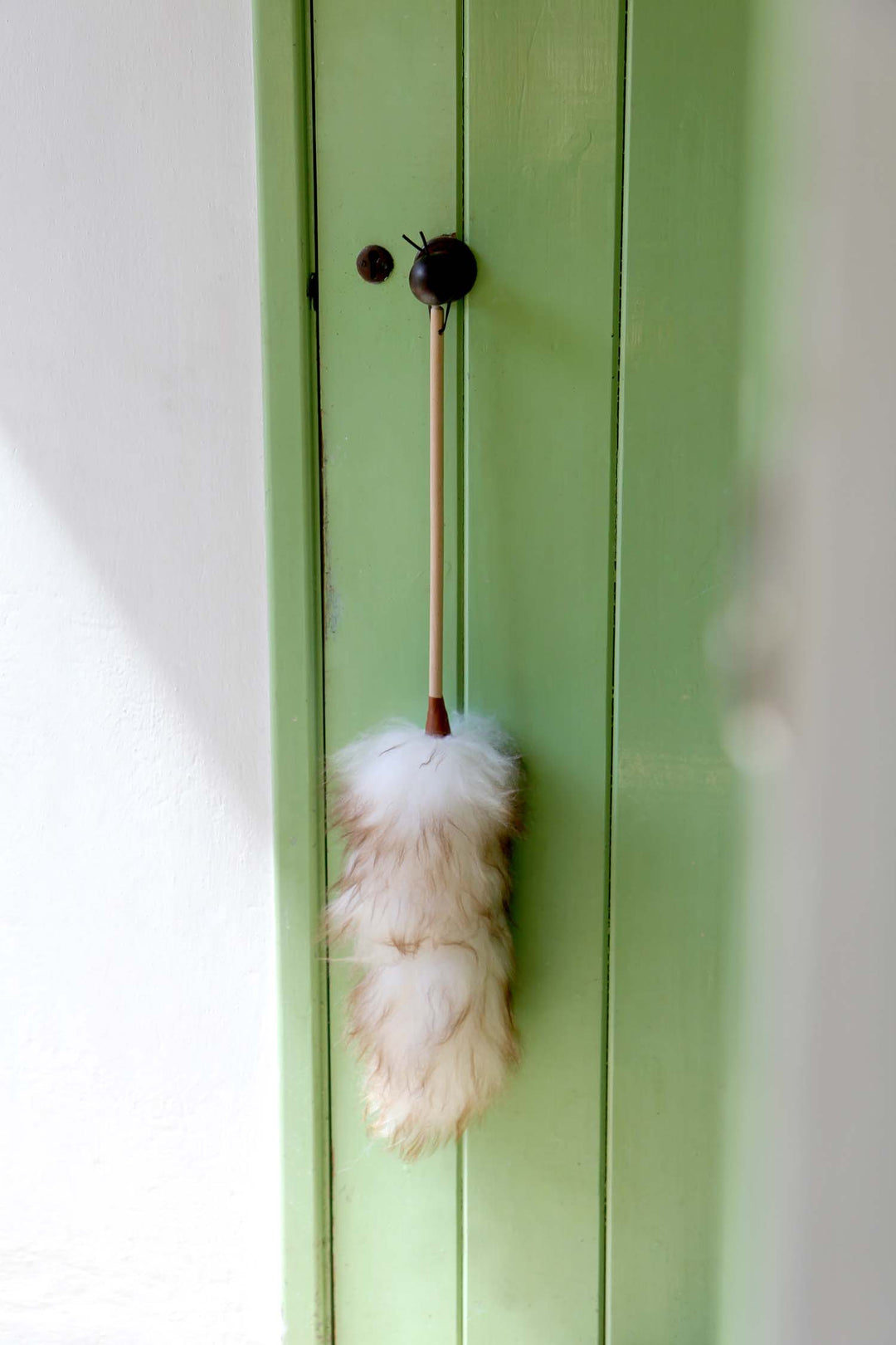 Decorative feathered object on a green cabinet door